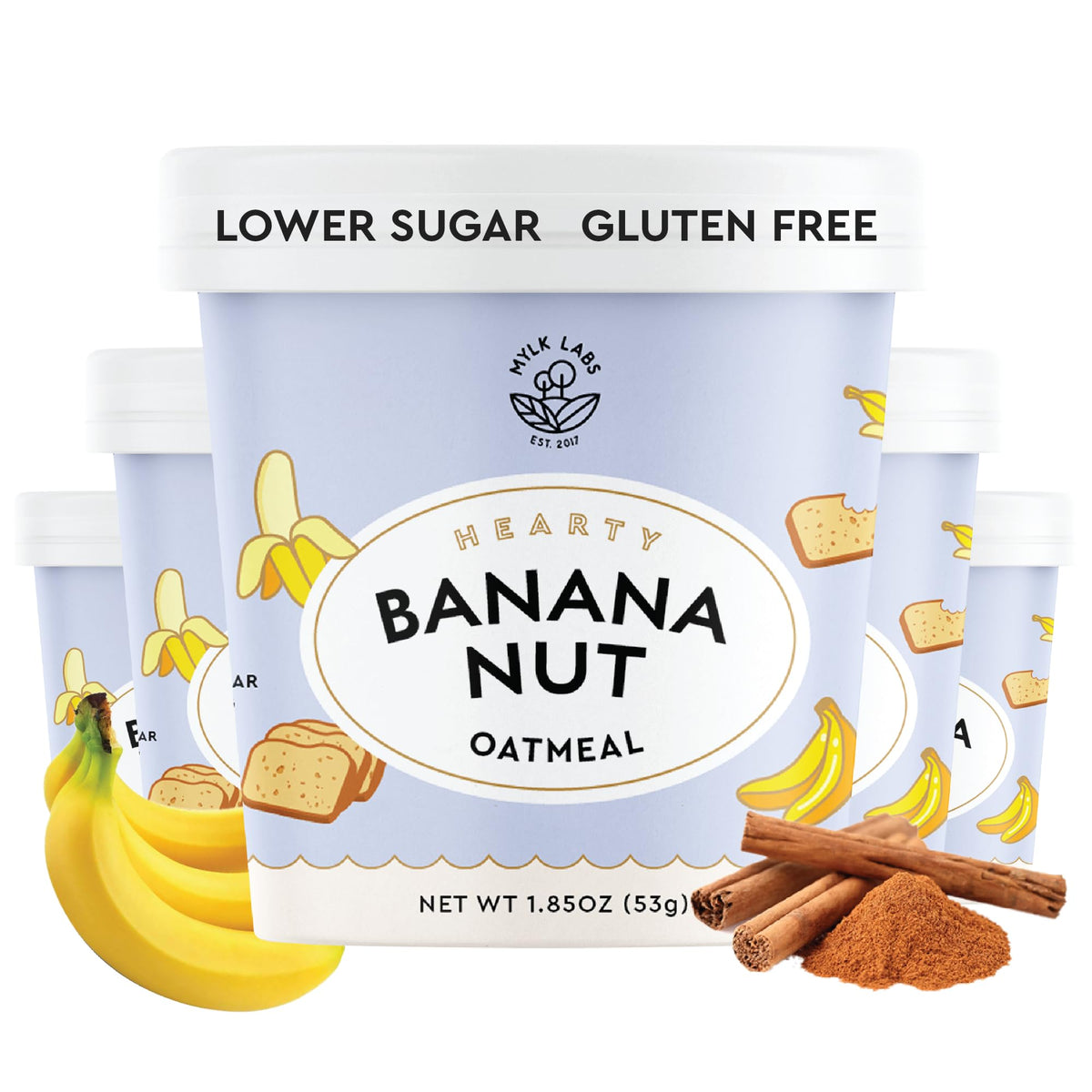 MYLK LABS Banana Nut Oatmeal Cup packaging shows a quick, convenient breakfast option.