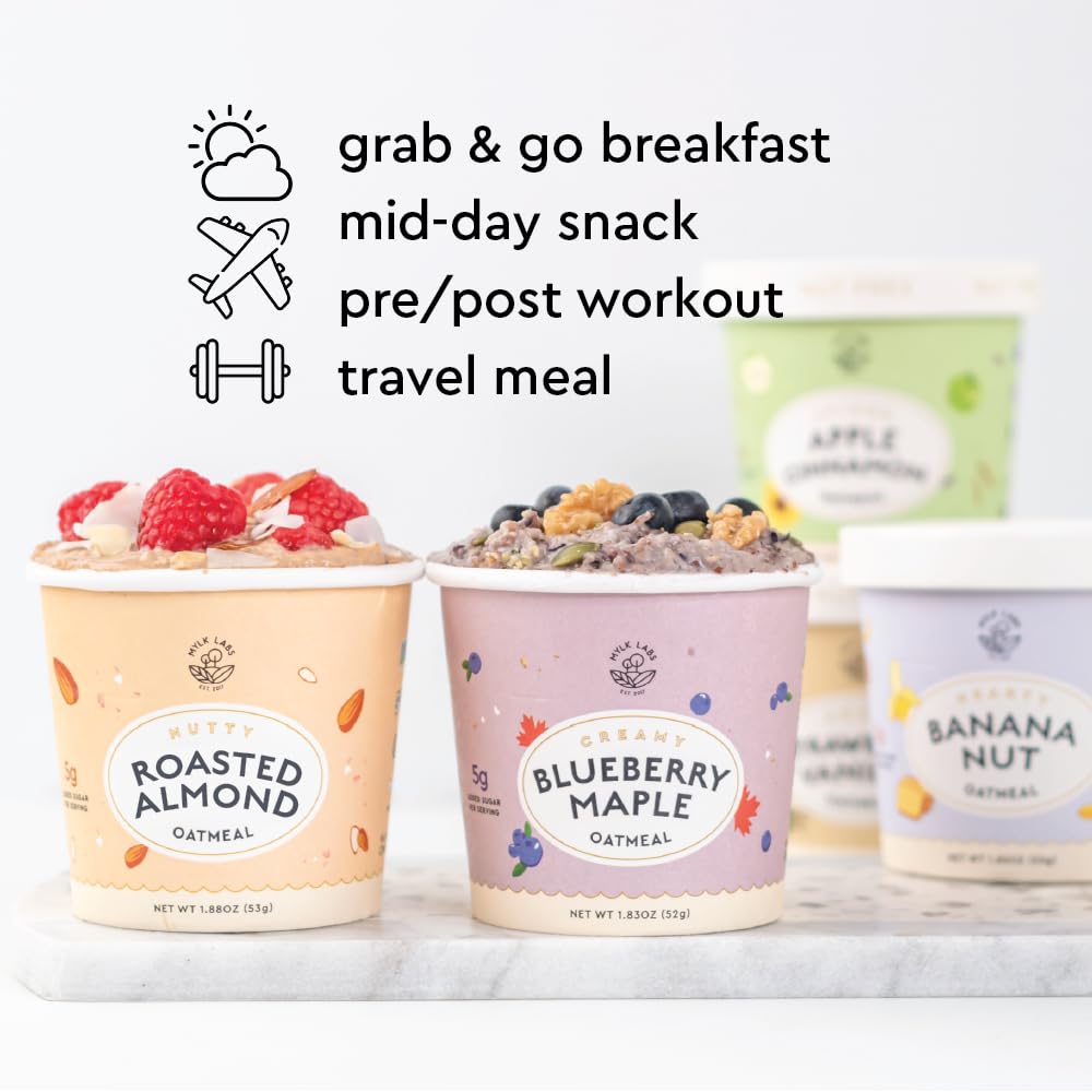 MYLK LABS Blueberry Maple Oatmeal Cup nutrition label highlights fiber