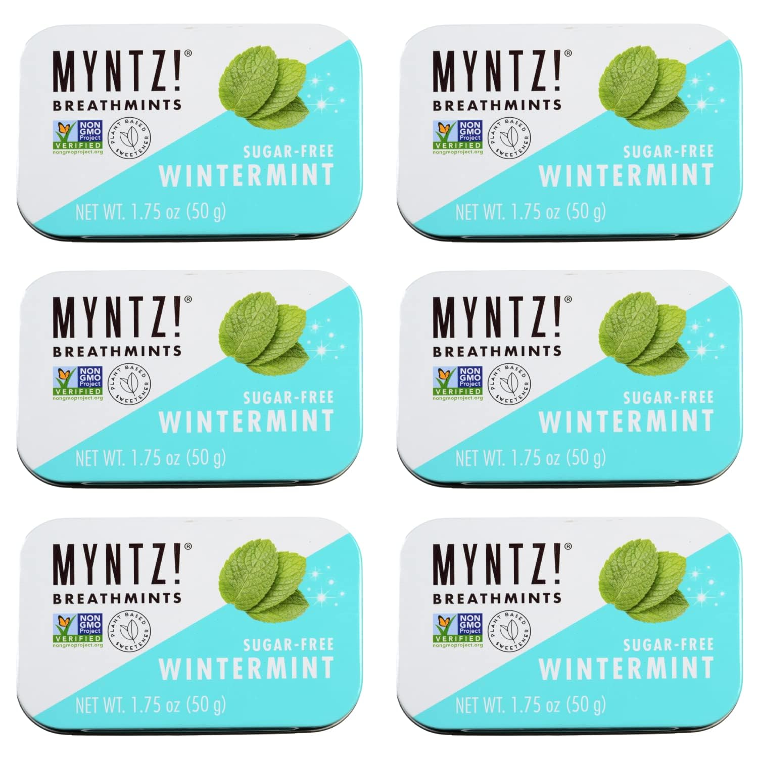 MYNTZ Wintermynt Blast front of pack shows sugar-free breath mints with mouth acid neutralizing benefits.