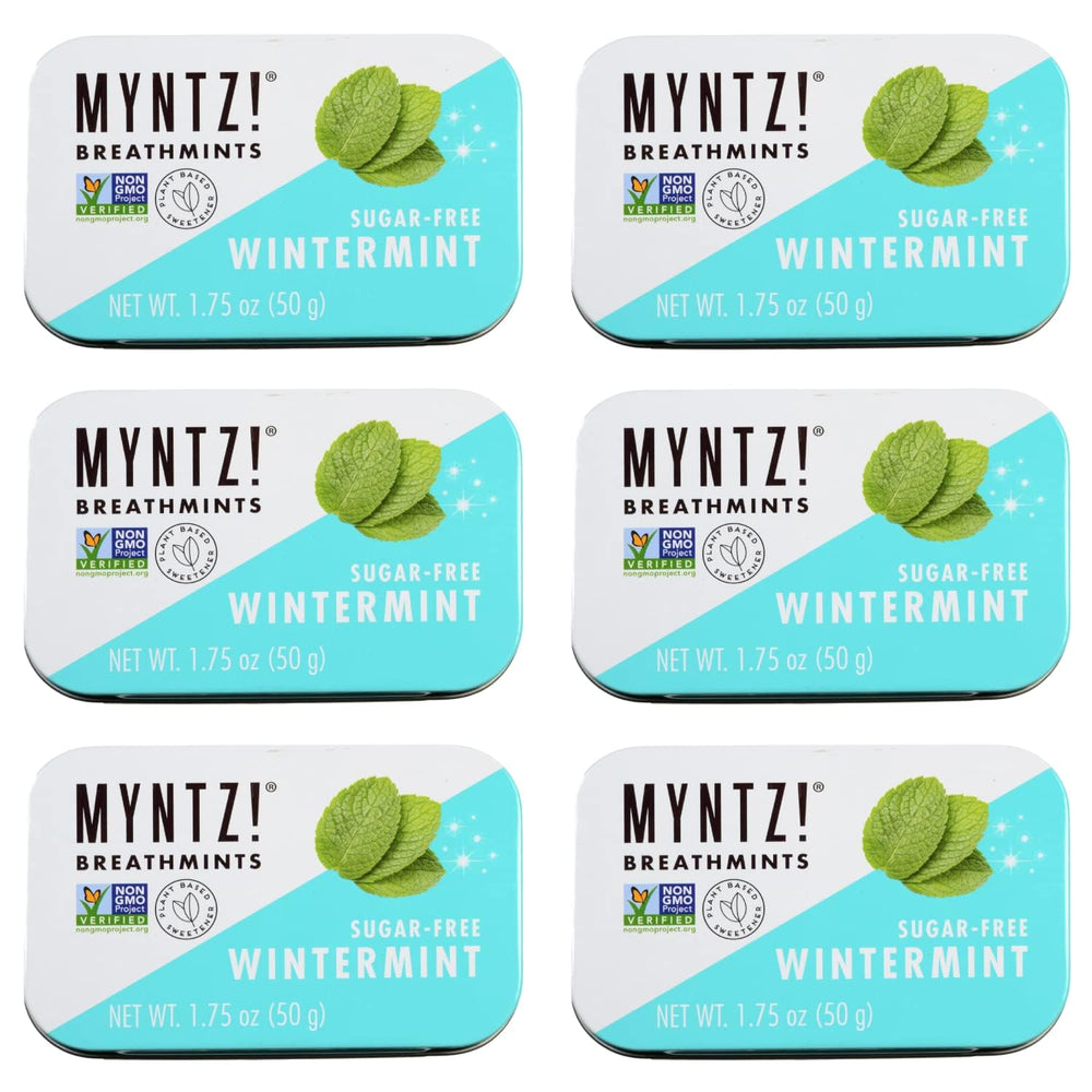 MYNTZ Wintermynt Blast front of pack shows sugar-free breath mints with mouth acid neutralizing benefits.