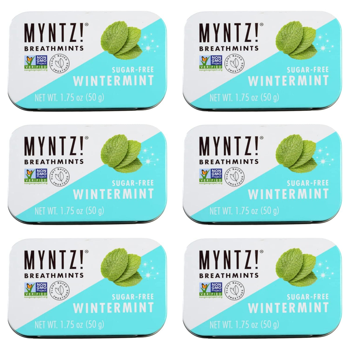 MYNTZ Wintermynt Blast front of pack shows sugar-free breath mints with mouth acid neutralizing benefits.