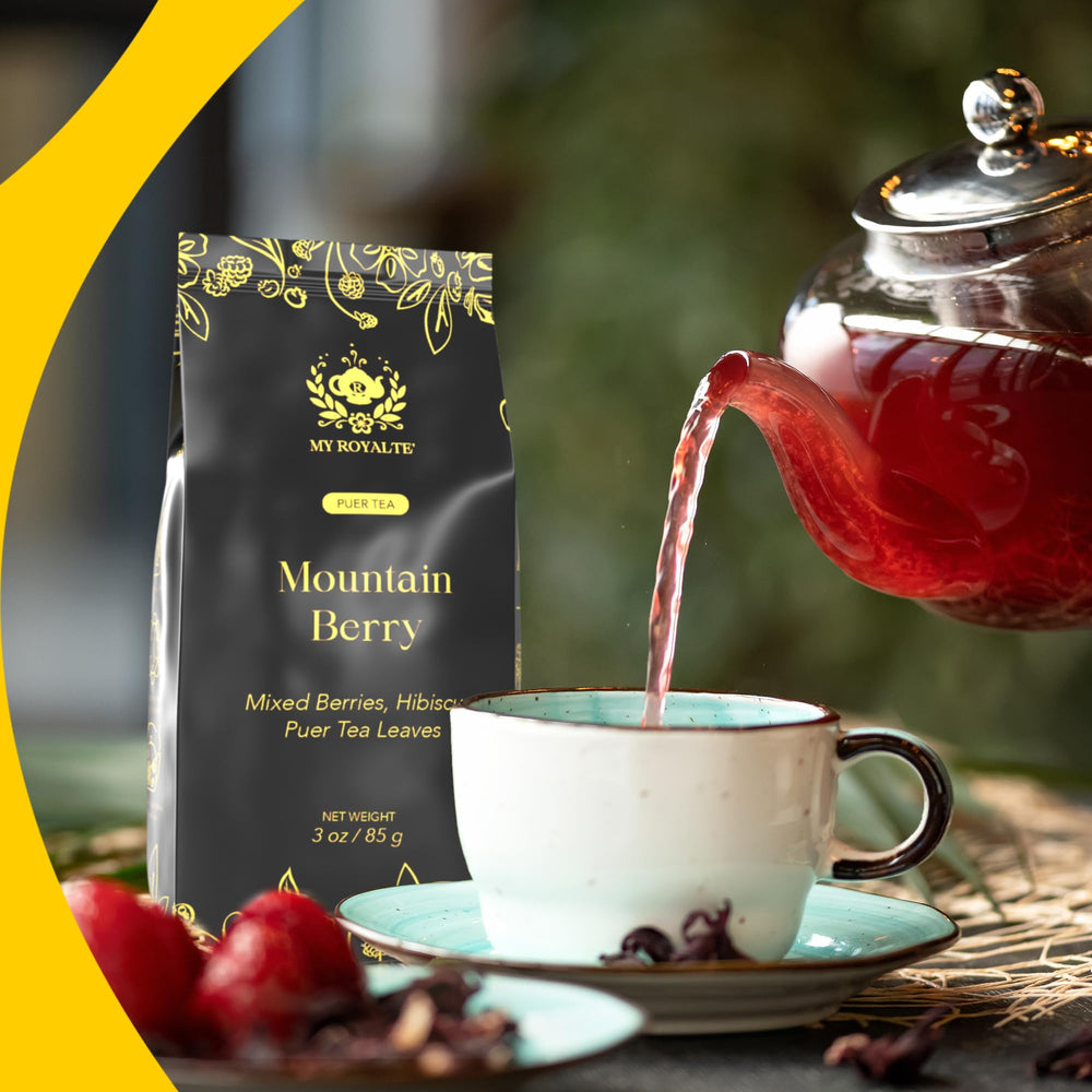 MyRoyalte Mountain Berry Pu-erh Tea cup infuser-ready option.