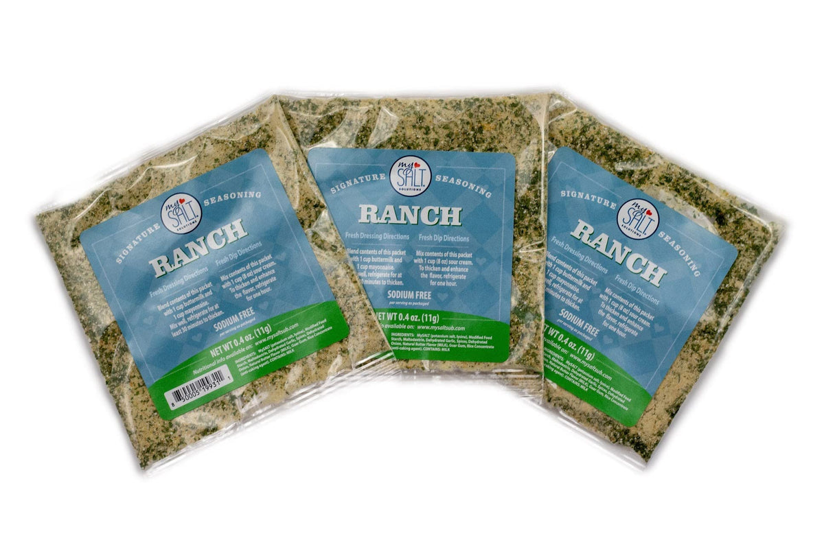 MySALT Ranch Dressing Mix 3-pack packaging ready for quick low-sodium dressings.