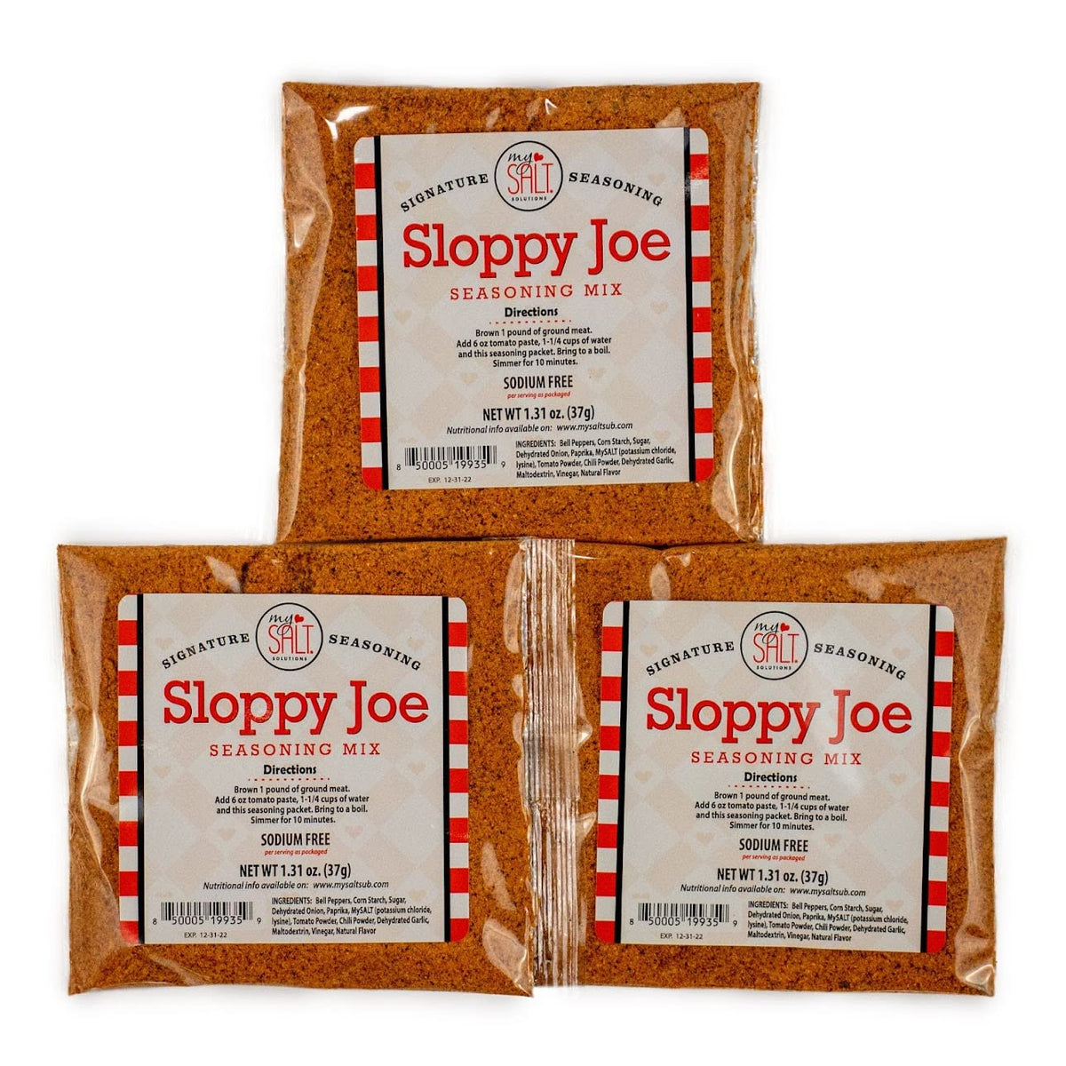 MySALT Sloppy Joe sauce packaging showing a sodium-free mix for easy dinners.