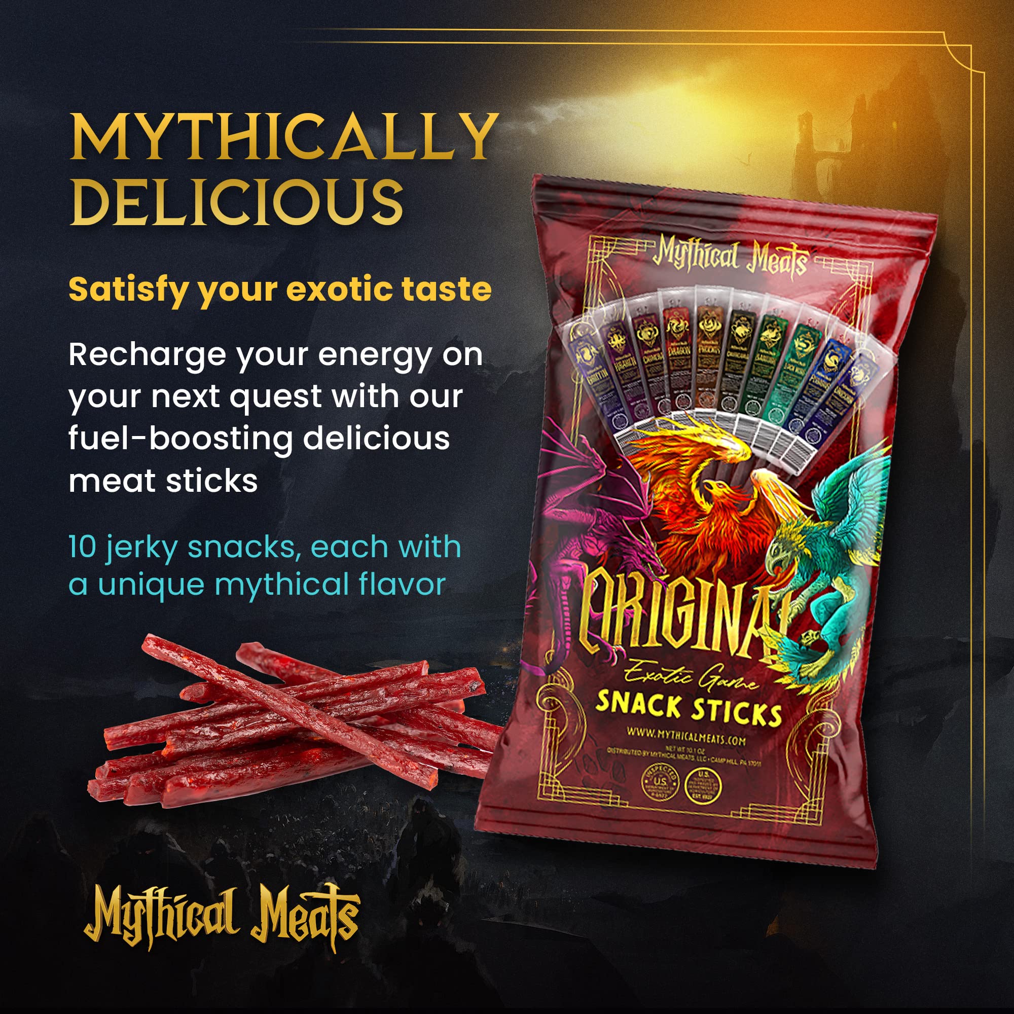Mythical Meats variety flavor display featuring 10 unique tastes.