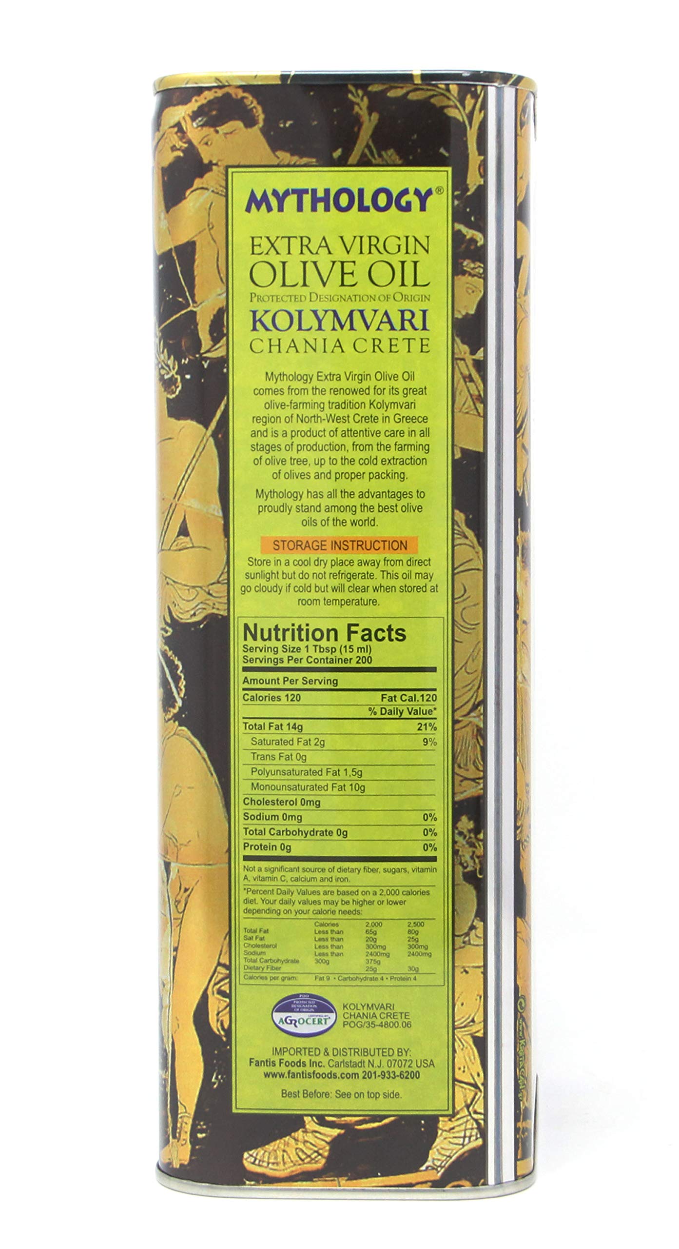 Mythology olive oil label close-up emphasizes PDO Kolymvari origin and purity.