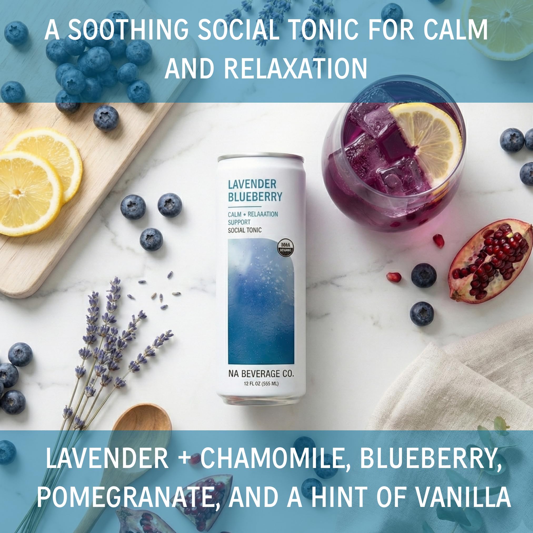Low sugar botanicals and tea blend in NA Beverage Social Tonic.