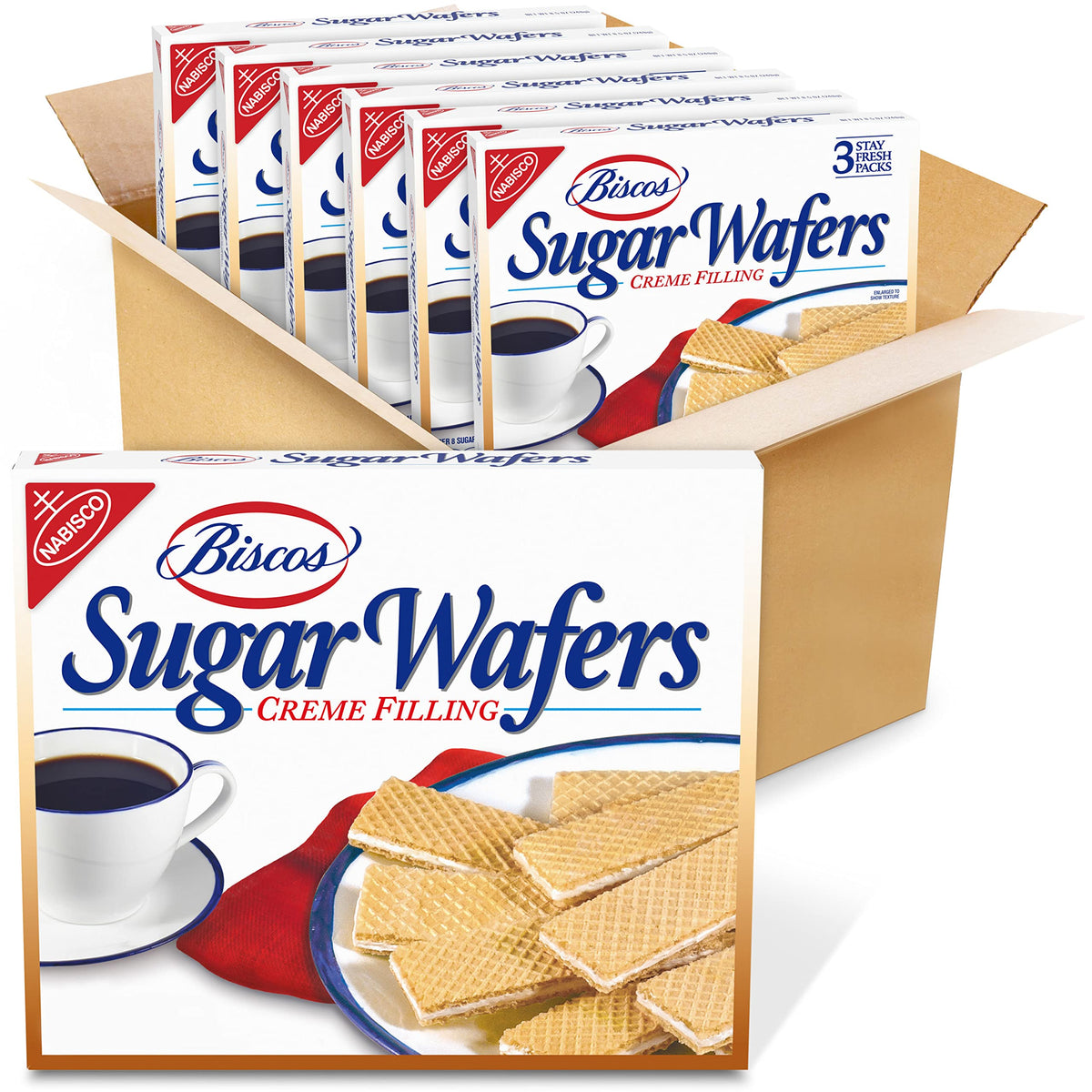 NABISCO Biscos creme filled wafers box front, ideal snack with coffee.