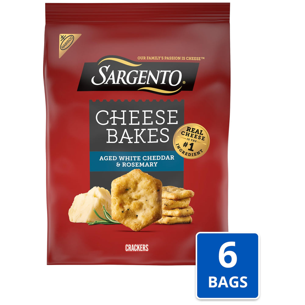 Nabisco Sargento Cheese Bakes aged white cheddar crackers on a serving board