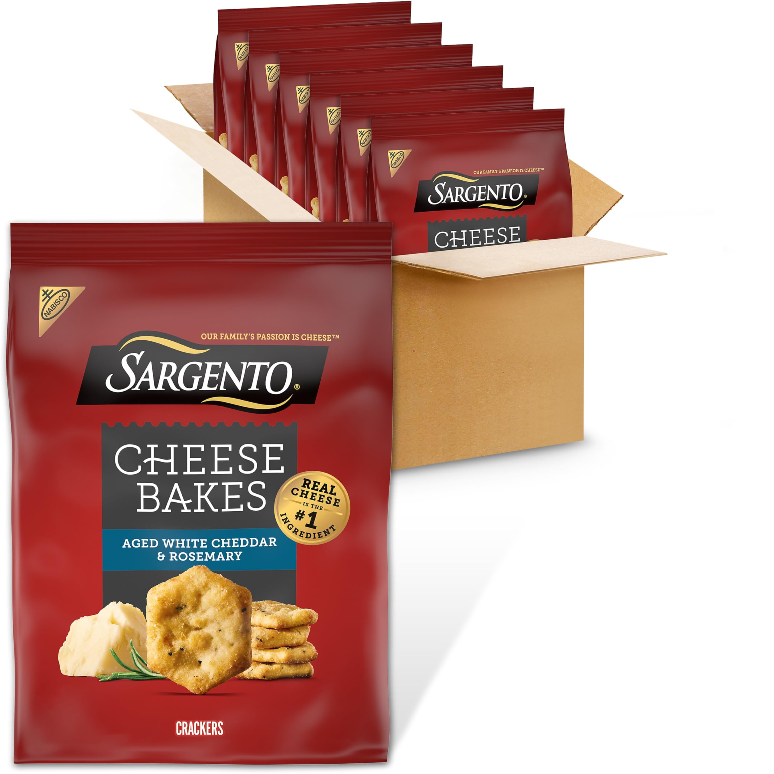 Nabisco Sargento Cheese Bakes packaging showing six bags for easy bulk snacking