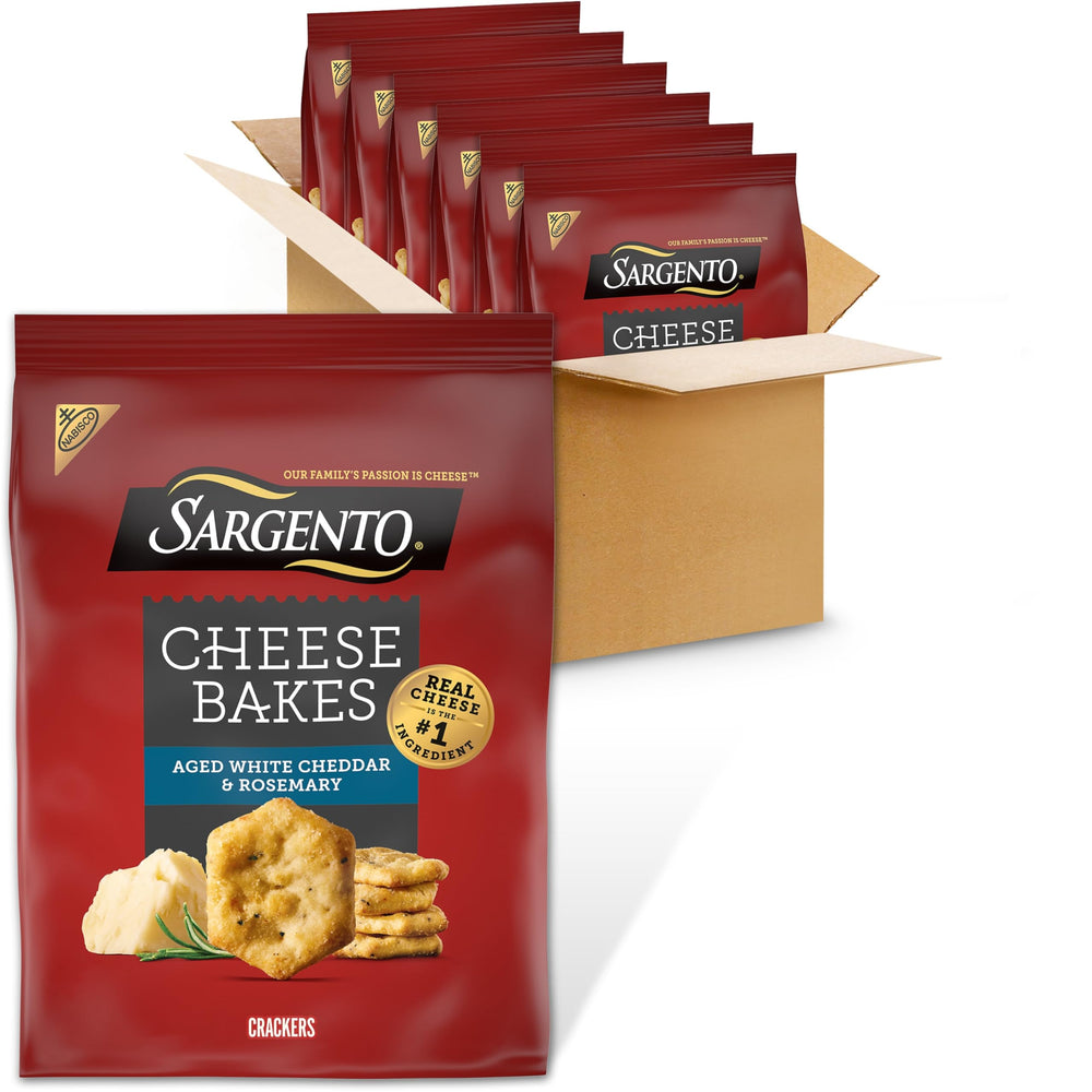 Nabisco Sargento Cheese Bakes packaging showing six bags for easy bulk snacking