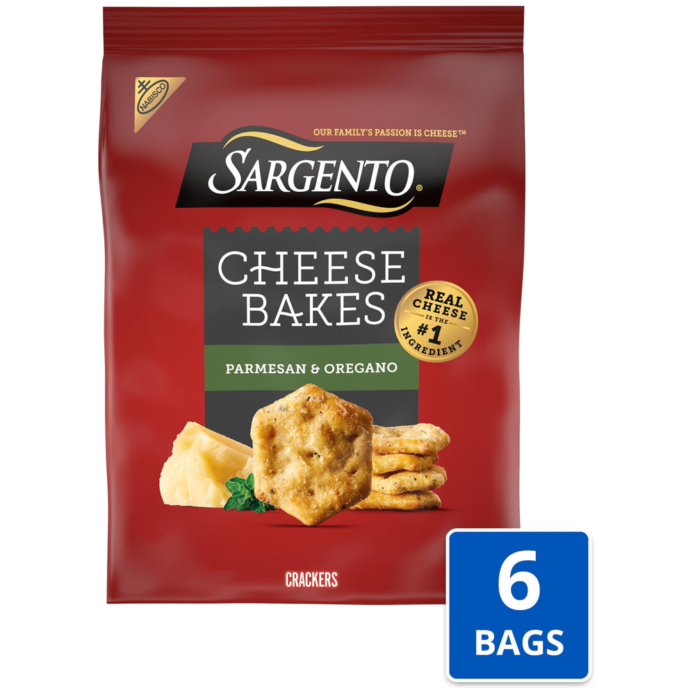 Crispy NABISCO Sargento Cheese Bakes crackers showing parmesan and oregano flavor for snacking.