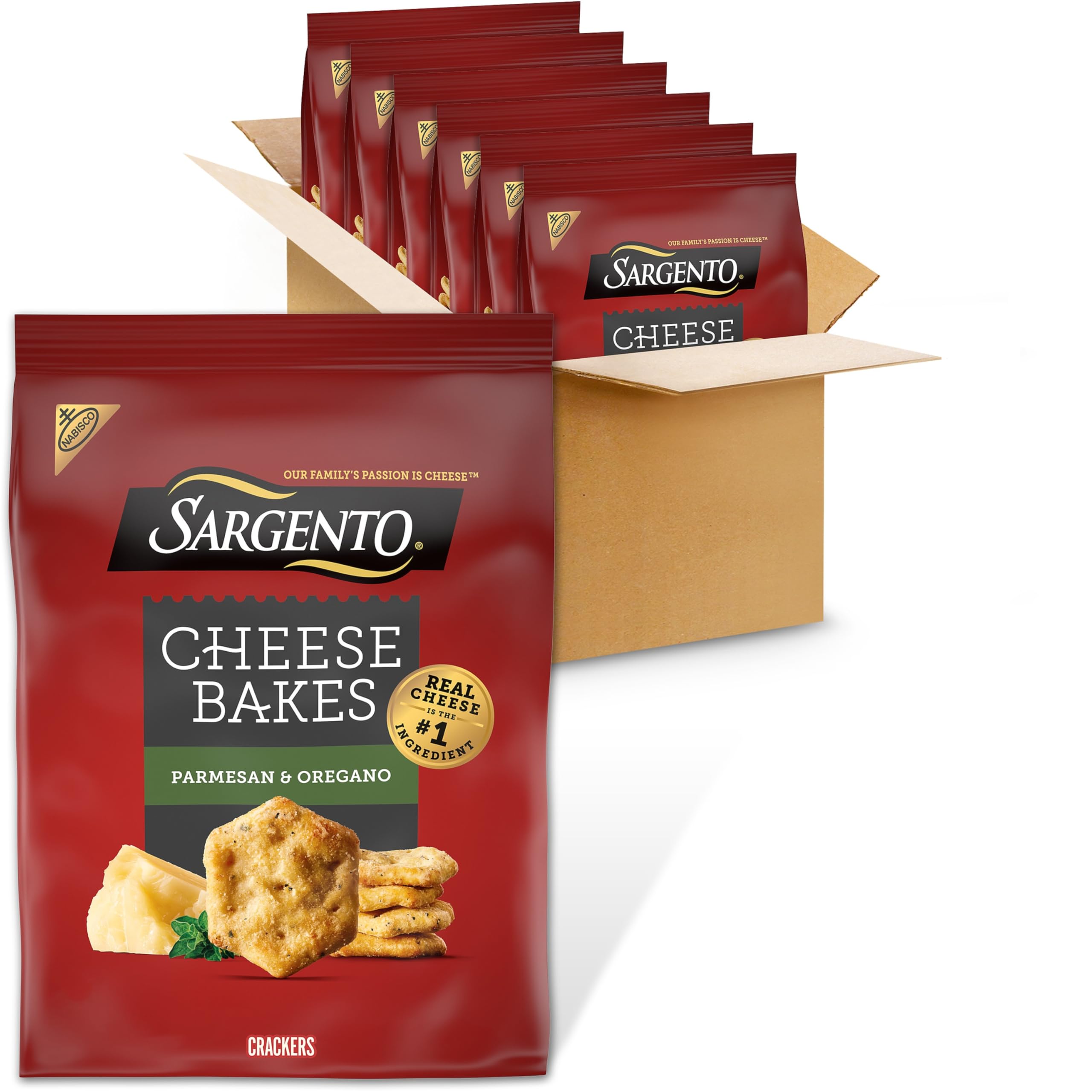 NABISCO Sargento Cheese Bakes crackers close-up of parmesan and oregano flavor, perfect for party trays.