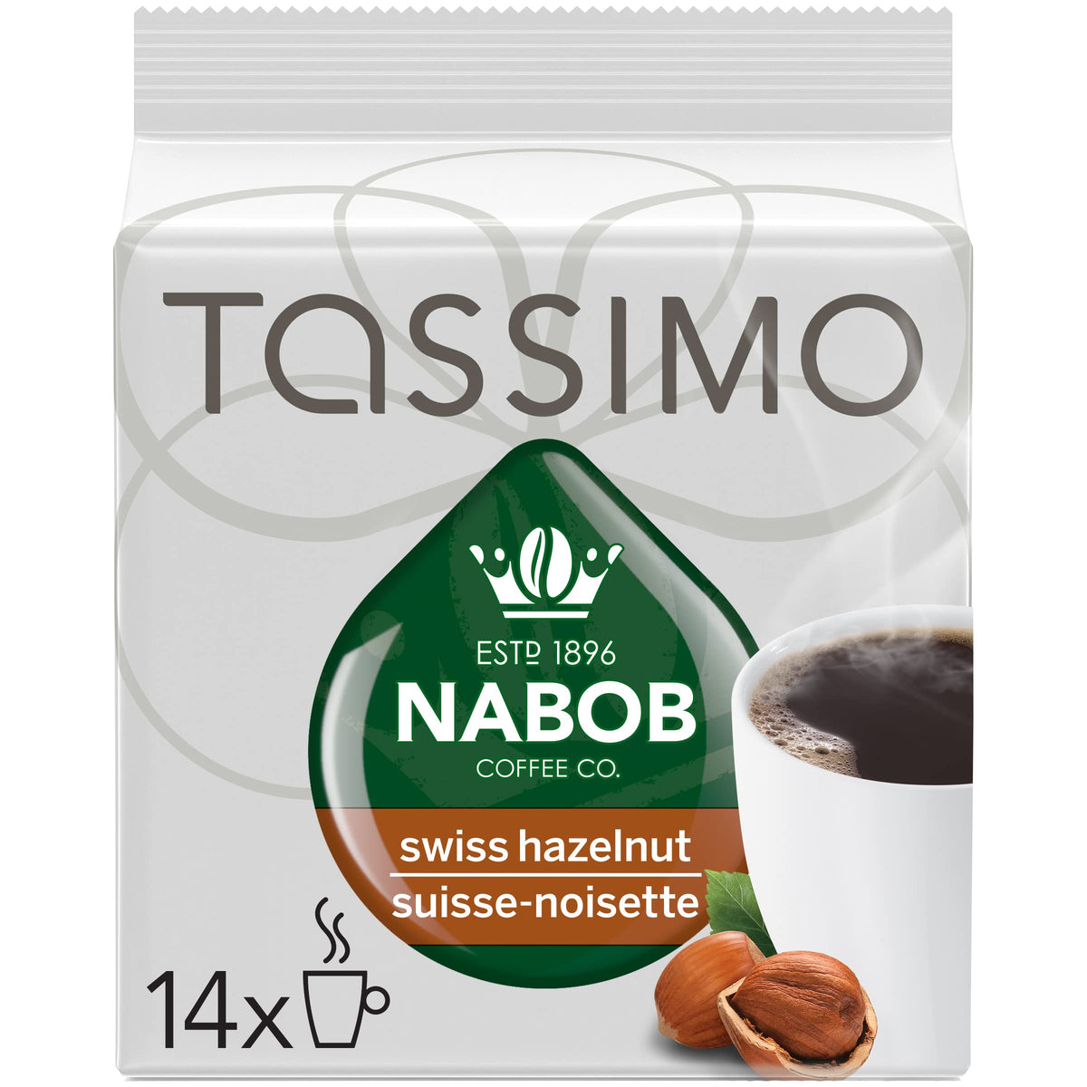 Nabob Tassimo Swiss Hazelnut coffee discs for quick, flavorful single-serve brews.
