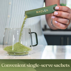 NACLEA matcha powder sachets ready for quick, jitters-free energy.