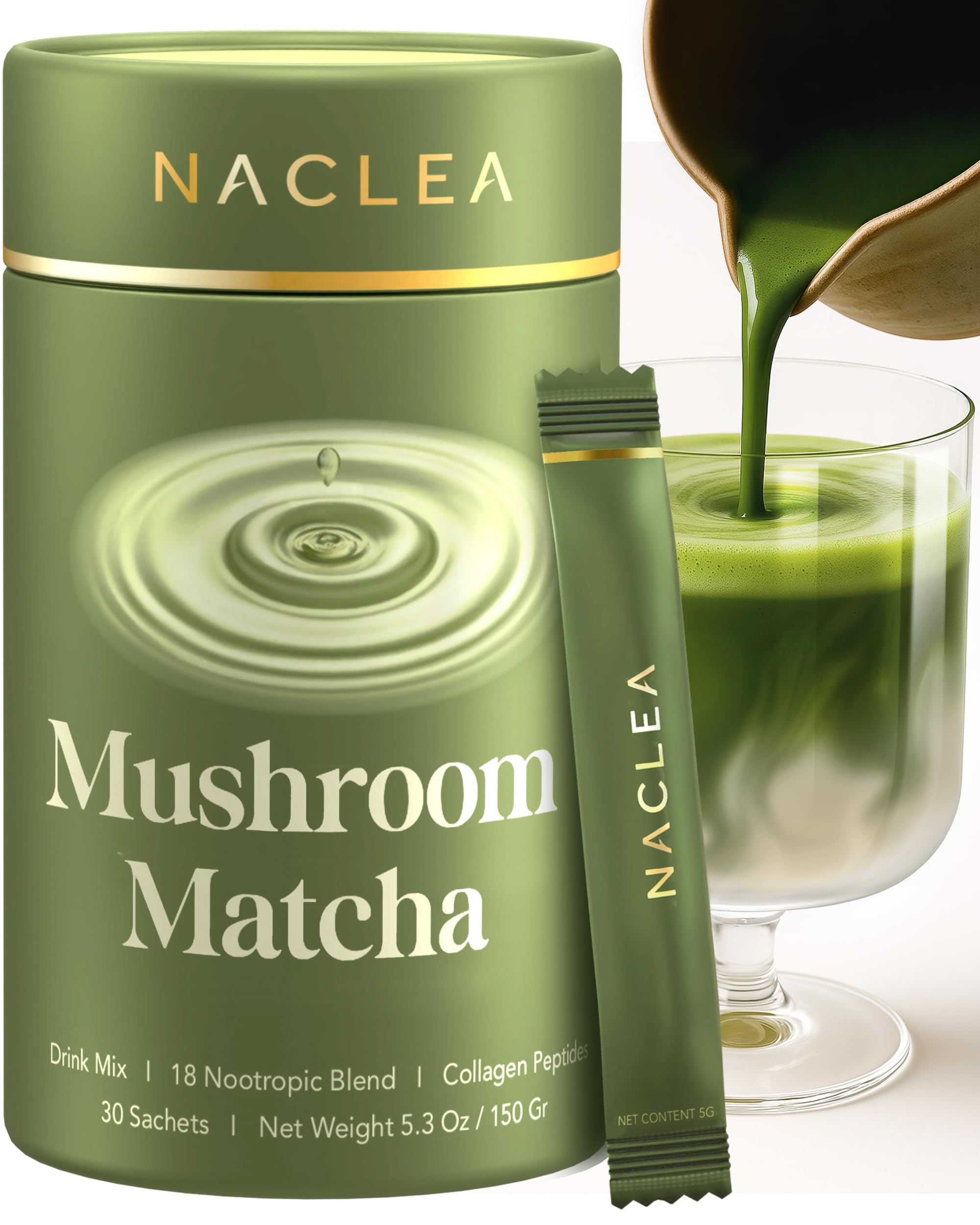 NACLEA mushroom matcha powder packaging in a tin for premium daily use.