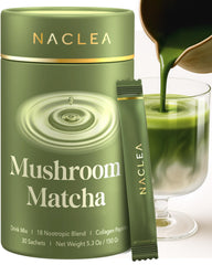 NACLEA mushroom matcha powder packaging in a tin for premium daily use.