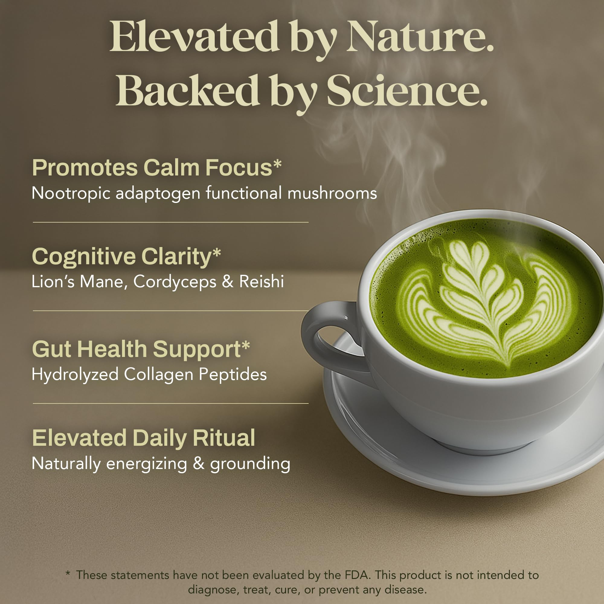 NACLEA steaming cup of mushroom matcha signals ritual sipping and focus.