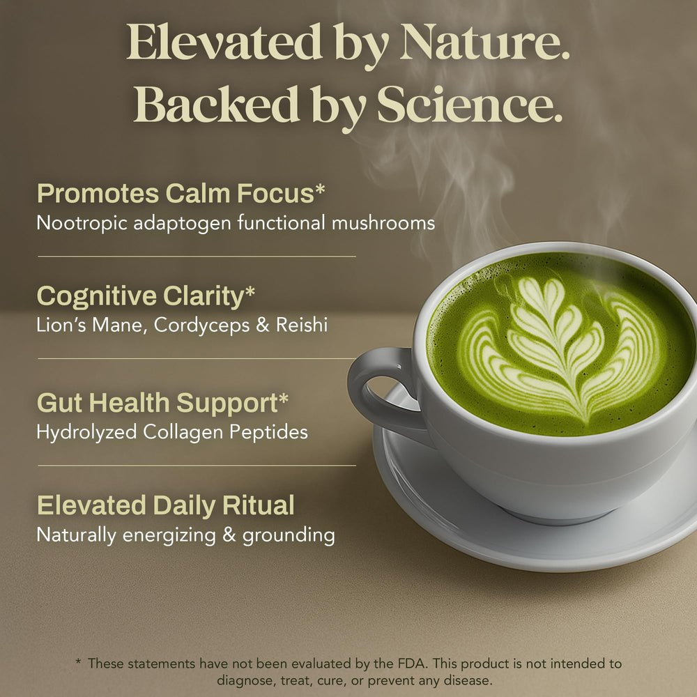 NACLEA steaming cup of mushroom matcha signals ritual sipping and focus.