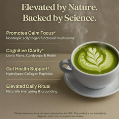 NACLEA steaming cup of mushroom matcha signals ritual sipping and focus.