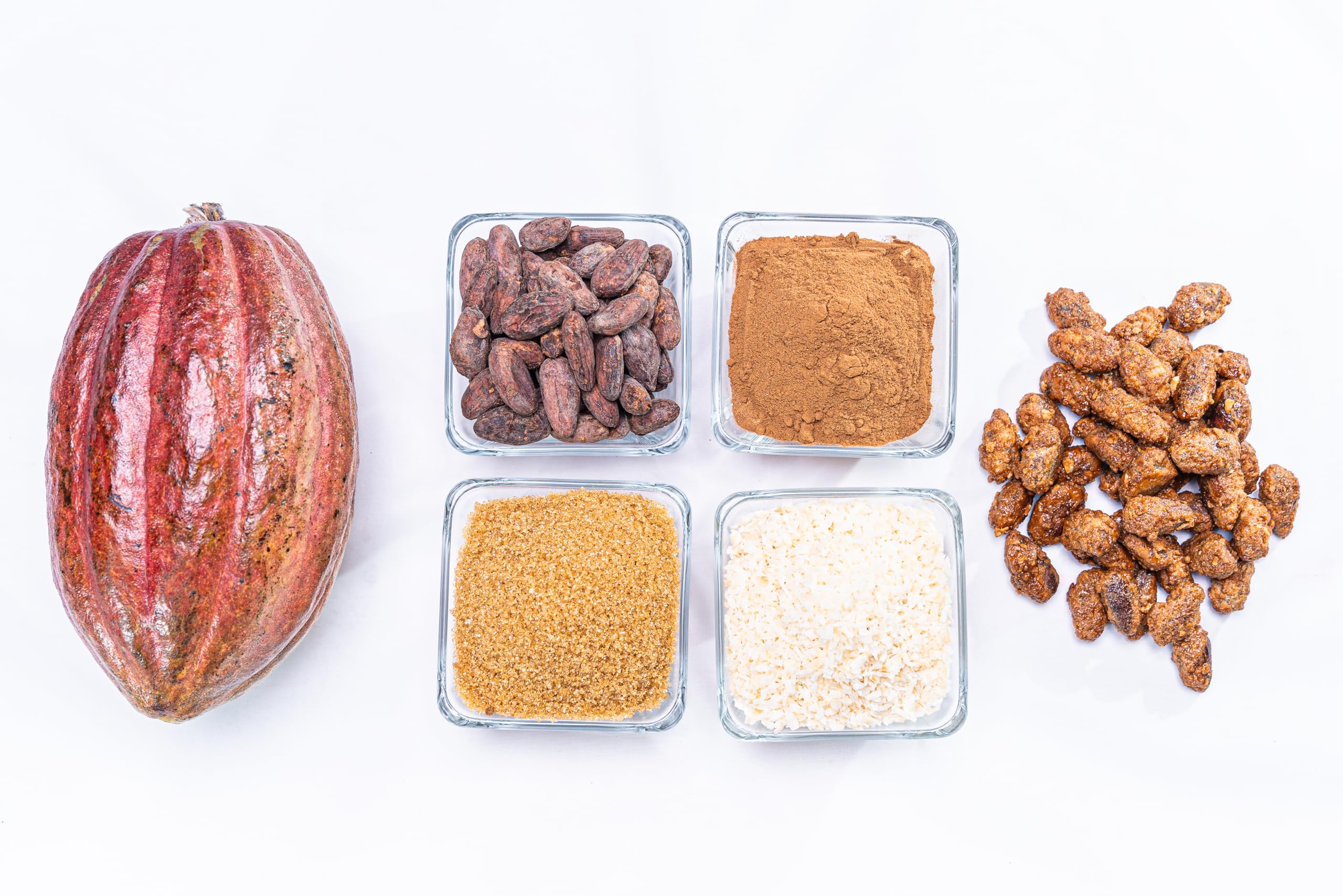 Nahuatl cacao beans in a bowl, versatile crunch for granola or smoothie bowls.