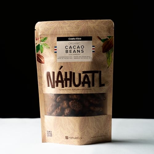 Close-up of Nahuatl caramelized cacao beans showing crunchy texture and caramel notes.