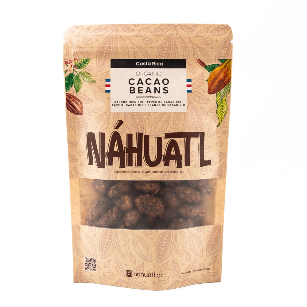 Nahuatl caramelized cacao beans pack, antioxidant-rich snack for on-the-go moments.