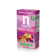 Nairn's gluten-free blueberry raspberry breakfast biscuits on the front pack, ideal for quick mornings.