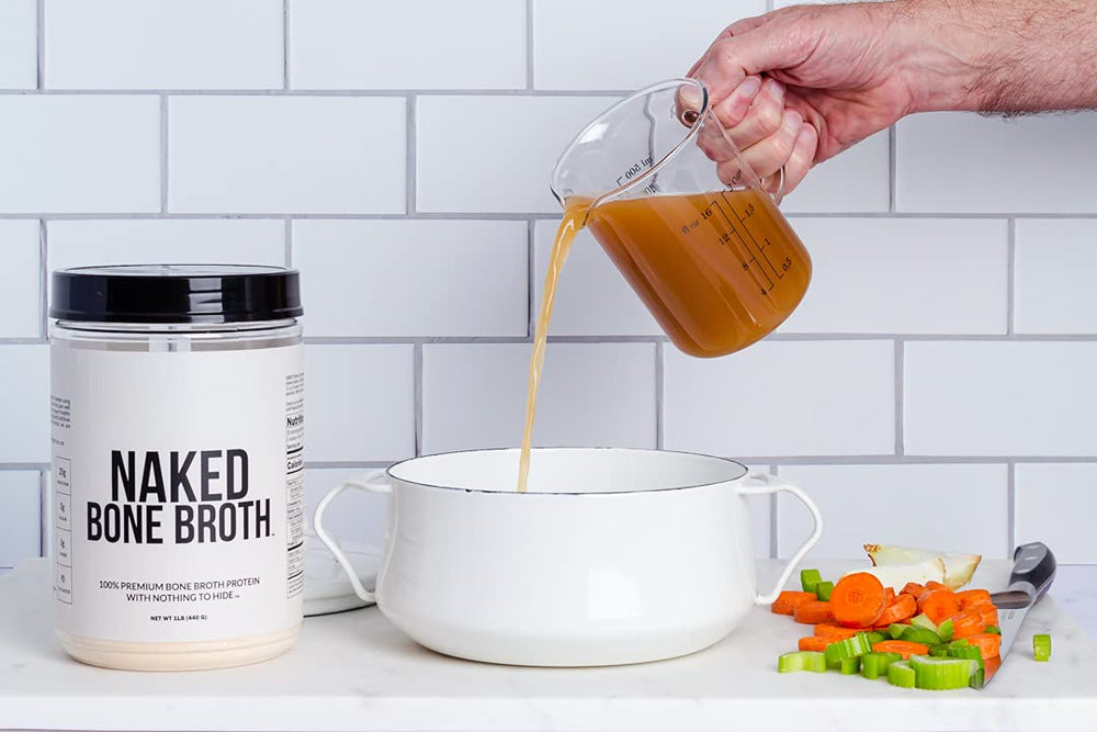 NAKED Bone Broth 1lb bag on shelf highlights clean, allergen-friendly protein.