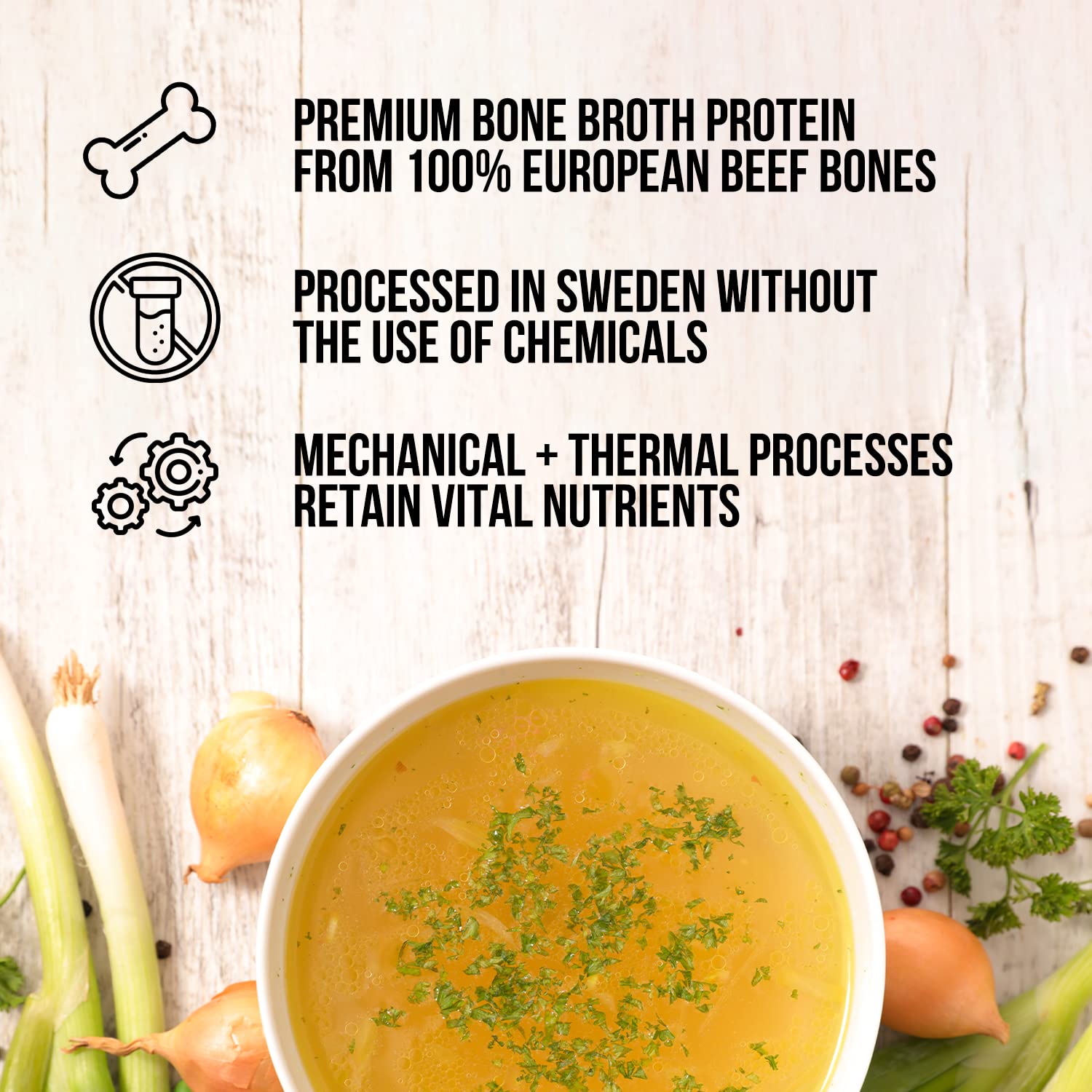 NAKED Bone Broth powder 21g protein per serving in a transparent pouch for easy mixing.