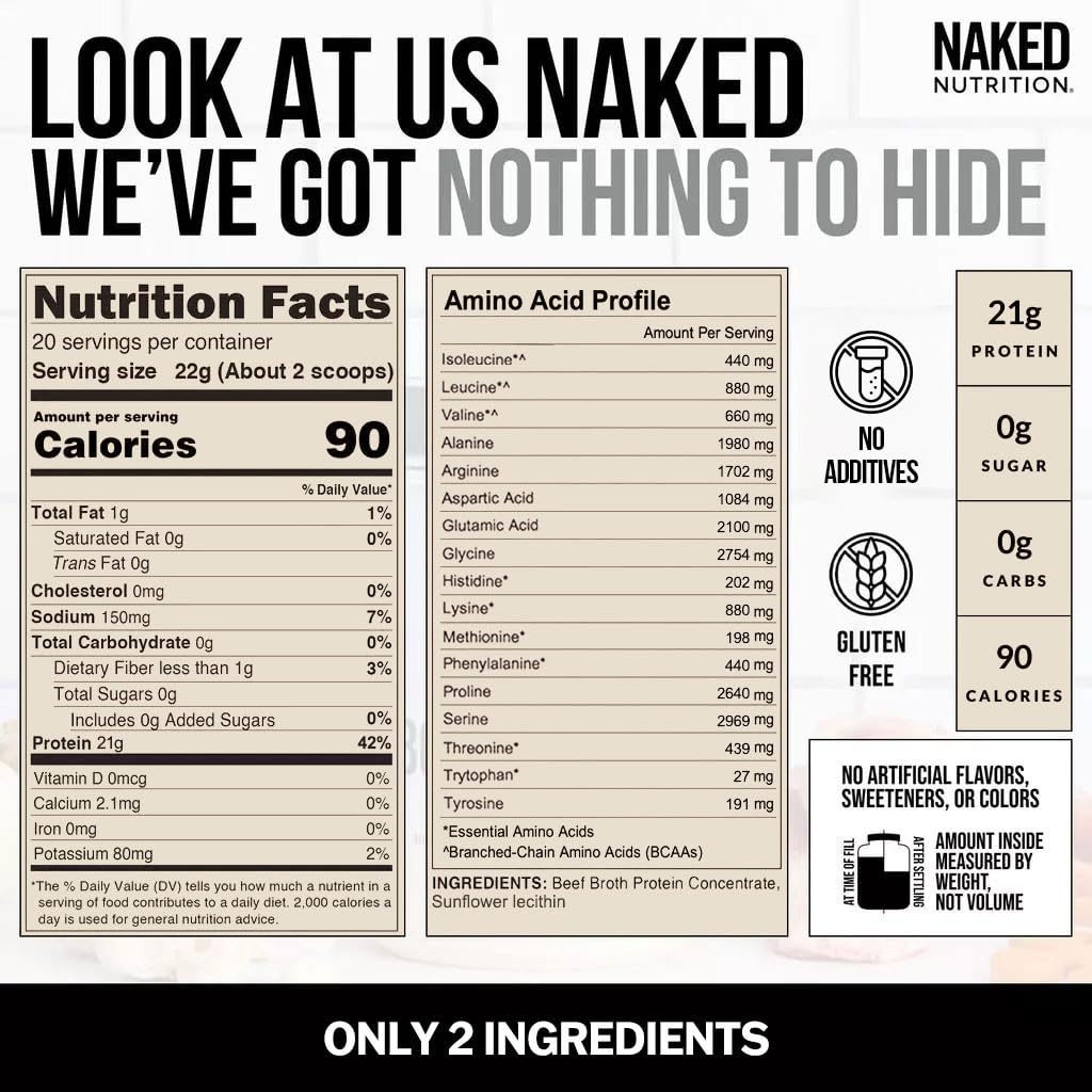 NAKED Bone Broth powder in glass with spoon emphasizes convenient protein source.