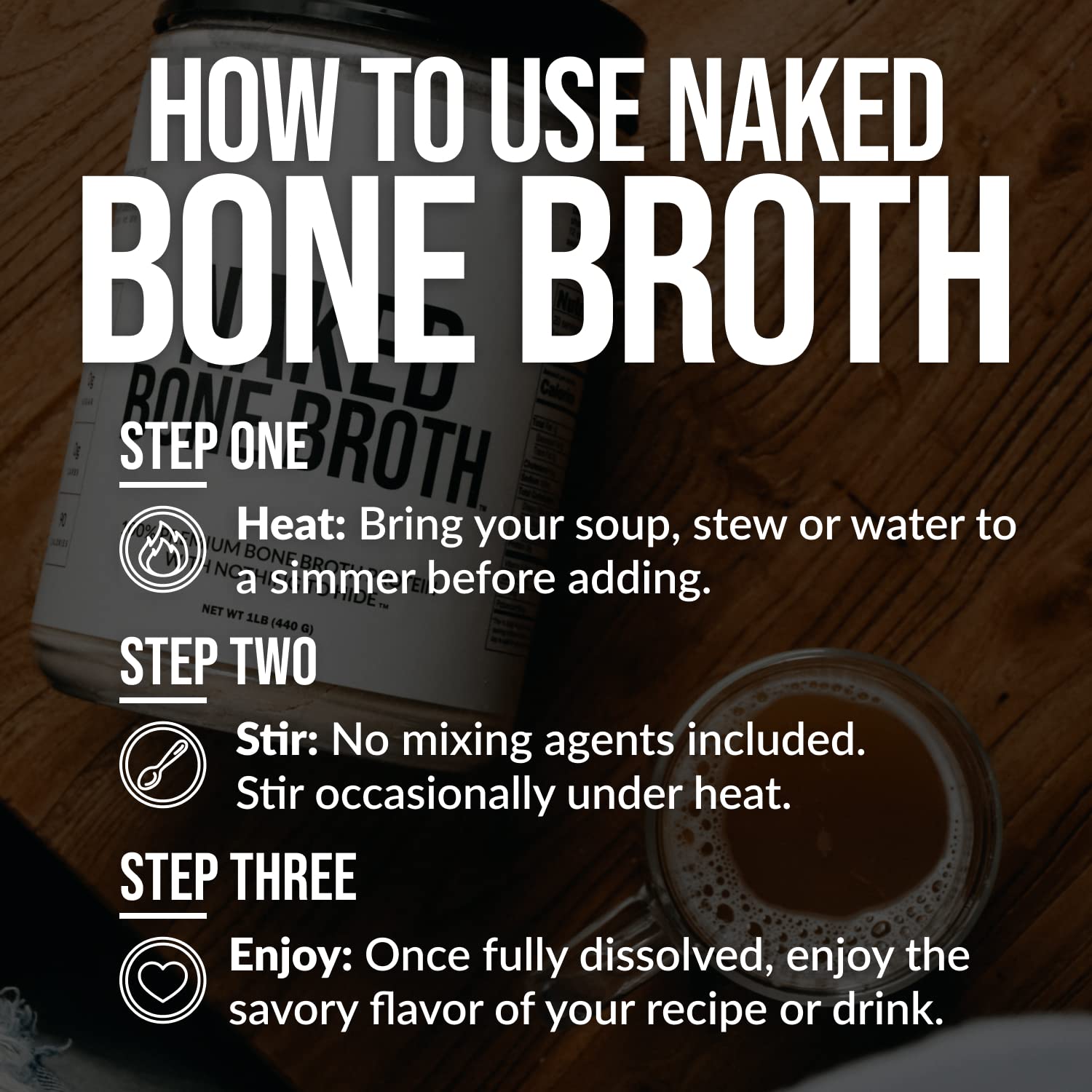 NAKED Bone Broth powder two-ingredient formula shown in close-up.