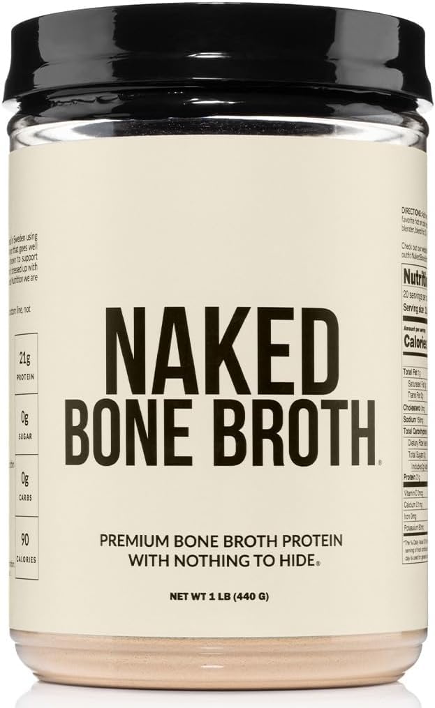 NAKED Bone Broth powder unflavored scoop highlights two-ingredient formula for clean protein.
