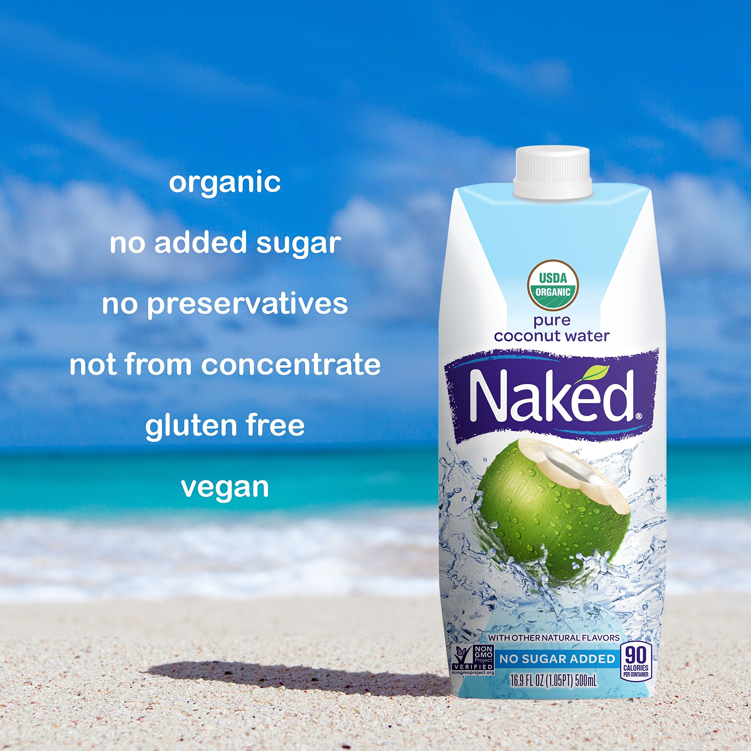 Chilled Naked Coconut Water bottle on a sunny beach scene