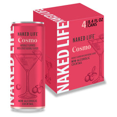 Naked Life Cosmo 4-pack cans on display, zero sugar.
