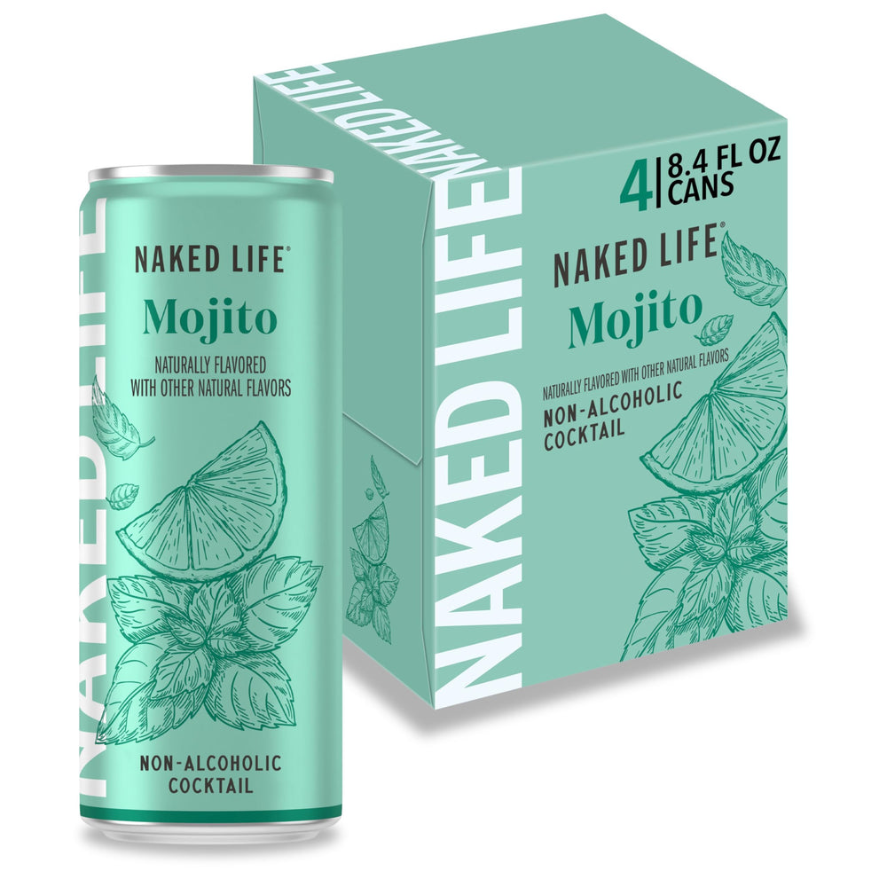 Naked Life Mojito can on ice showcasing zero sugar and light calories