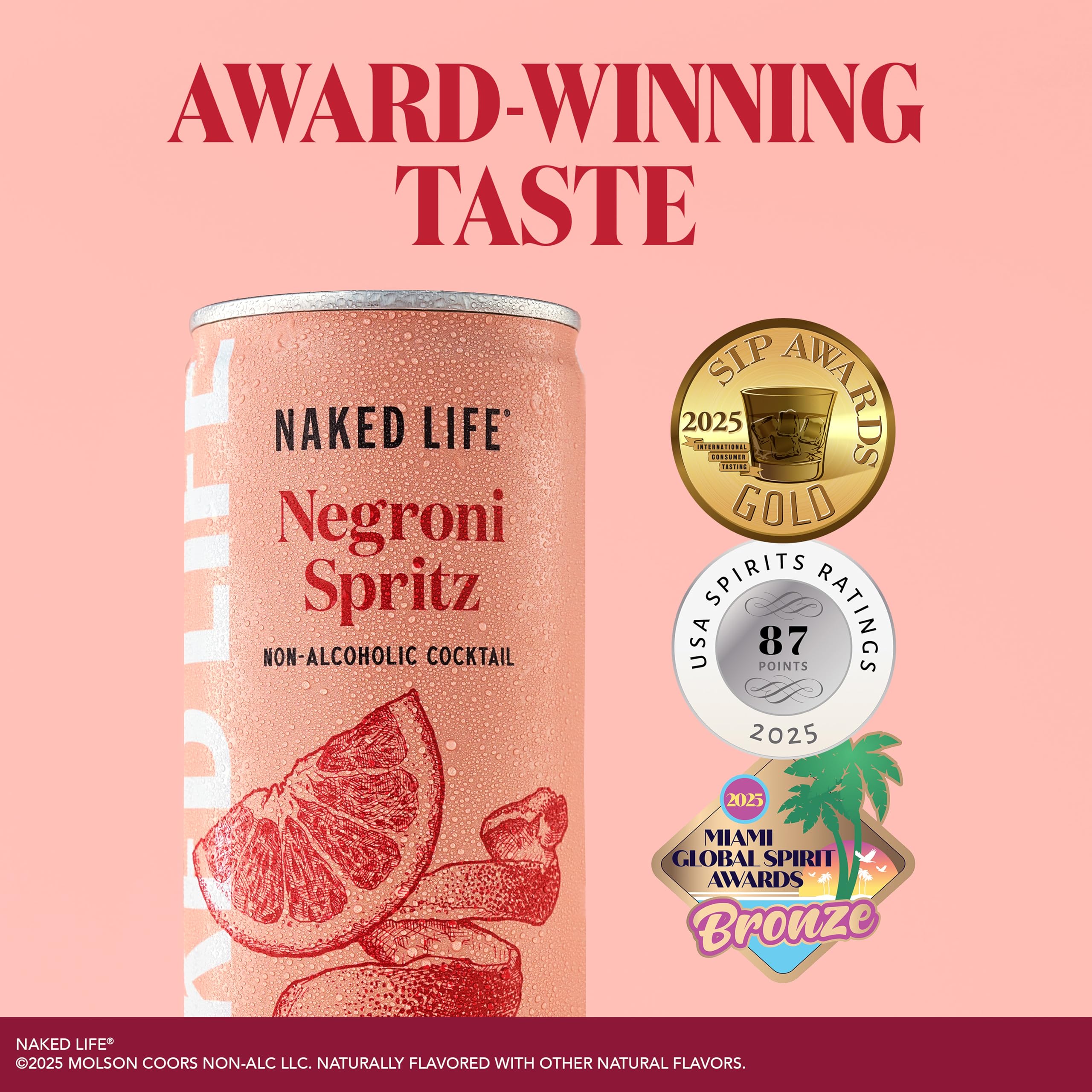 Naked Life Negroni Spritz awards label signals high-quality mocktail flavor