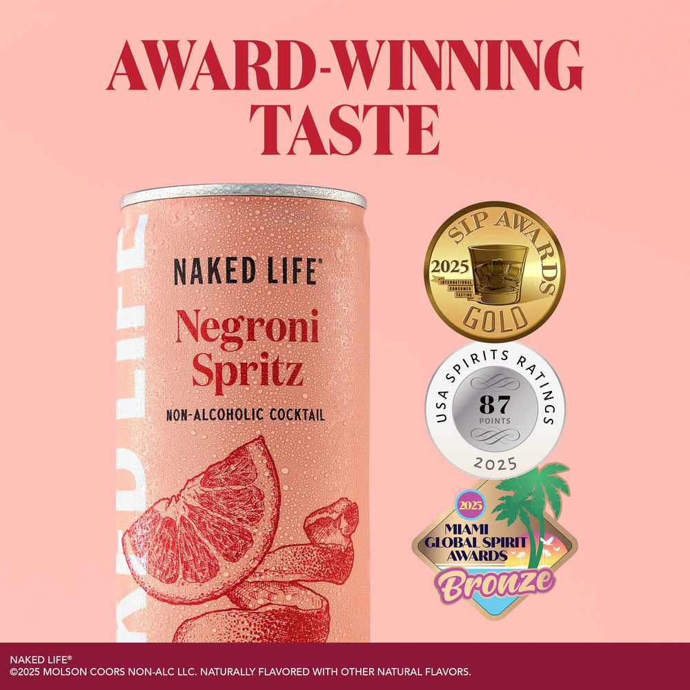 Naked Life Negroni Spritz awards label signals high-quality mocktail flavor