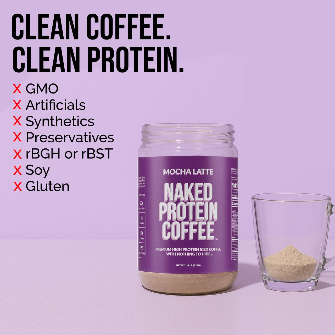 NAKED Mocha Latte Protein Coffee canister highlighting grass-fed whey and protein per serving.