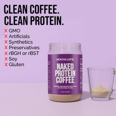 NAKED Mocha Latte Protein Coffee canister highlighting grass-fed whey and protein per serving.