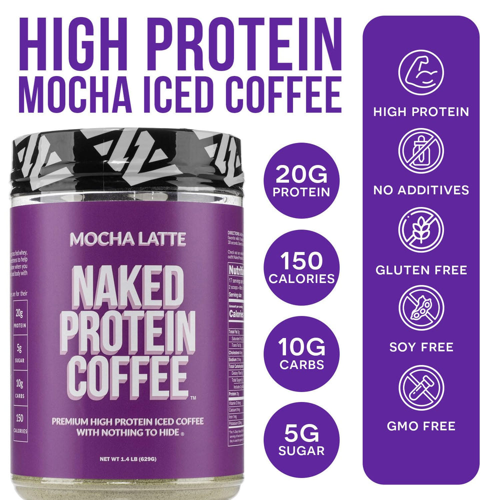 NAKED Mocha Latte Protein Coffee foam-top image with rich crema and texture.