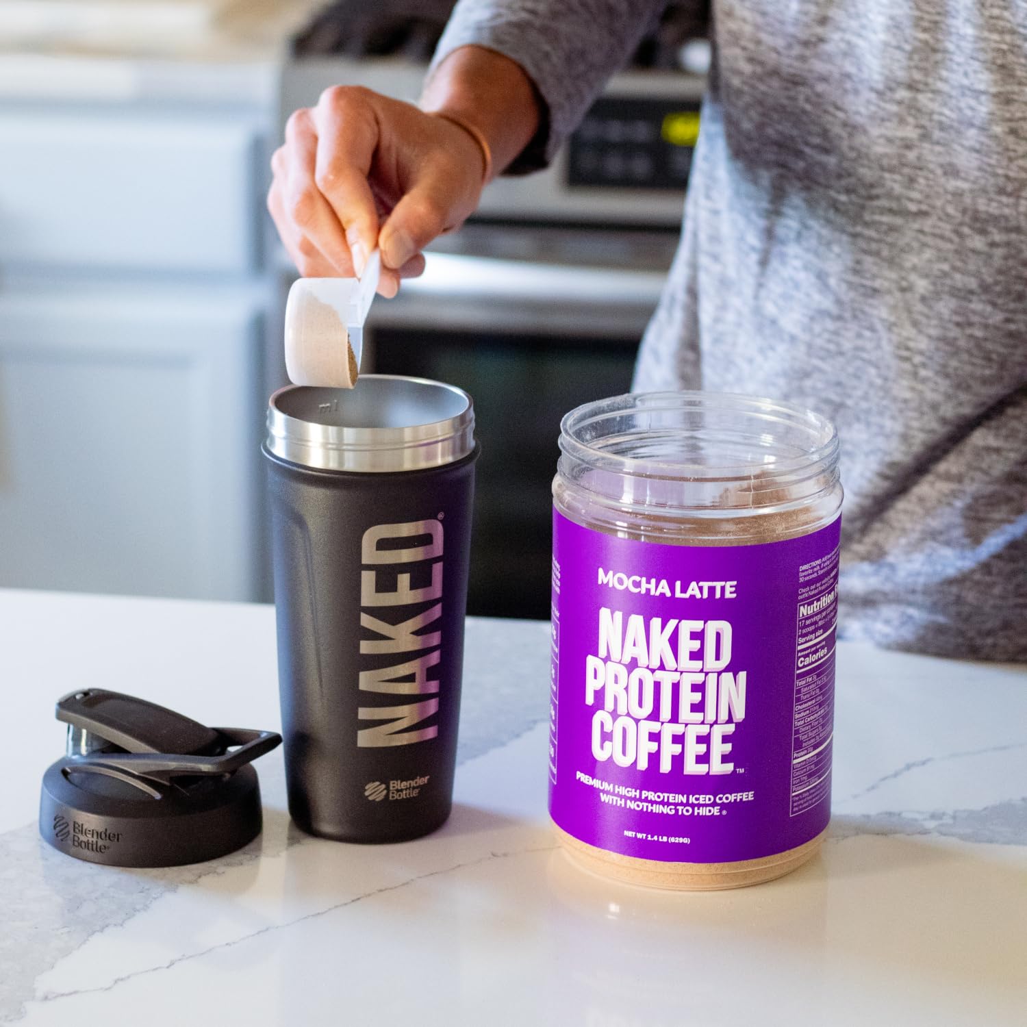 NAKED Mocha Latte Protein Coffee mocha swirl indicating premium flavor.