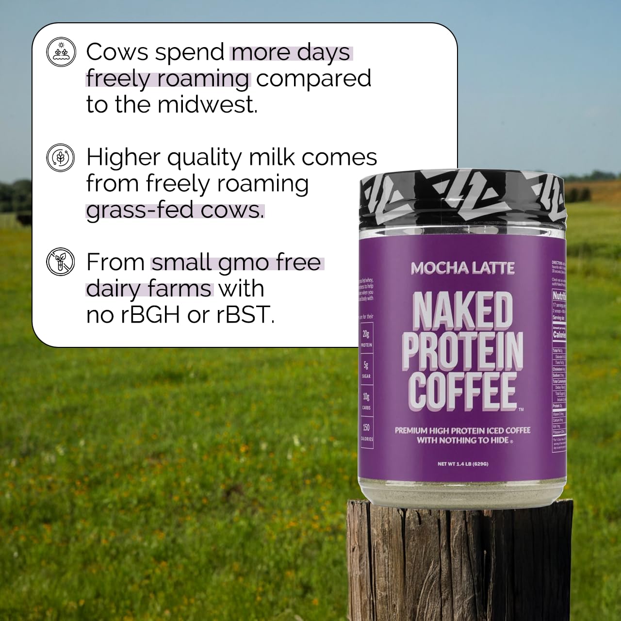 NAKED Mocha Latte Protein Coffee whey canister signaling small-farm sourced protein.
