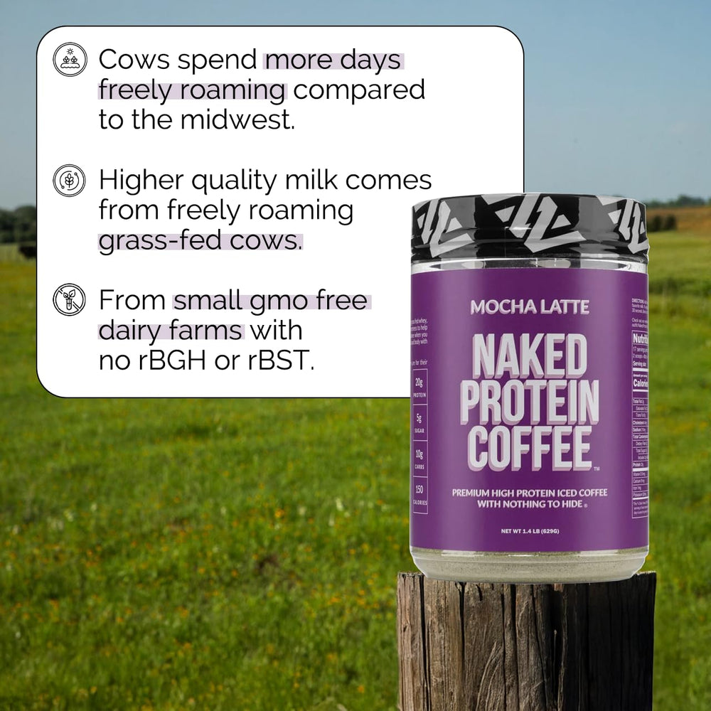 NAKED Mocha Latte Protein Coffee whey canister signaling small-farm sourced protein.