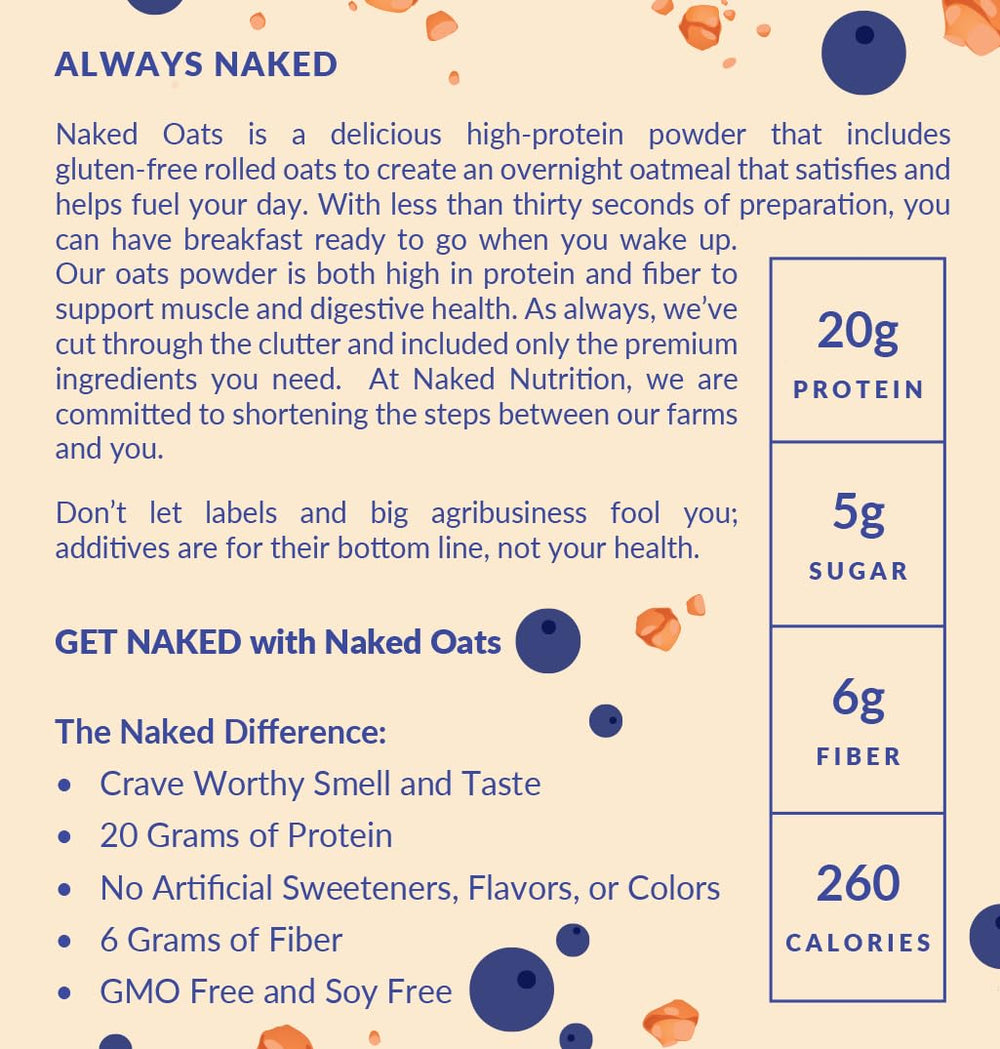 Close-up of gluten-free oats, blueberries, and chia protein in NAKED Oats.