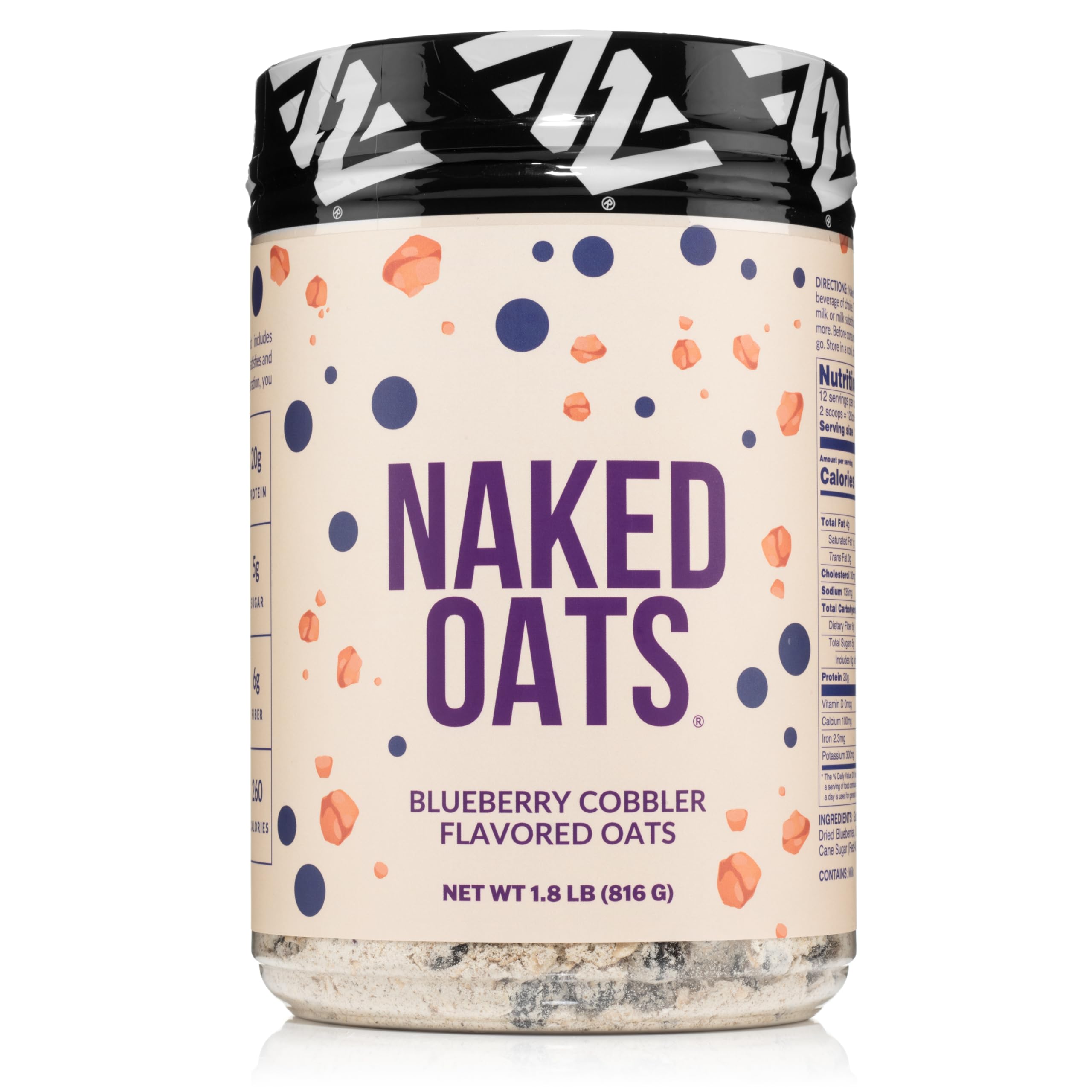 NAKED Oats Blueberry Cobbler packaging showcases gluten-free oats and protein power.