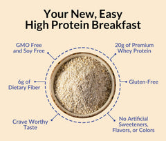 Creamy prepared oats bowl featuring Blueberry Cobbler flavor, high-protein breakfast option.