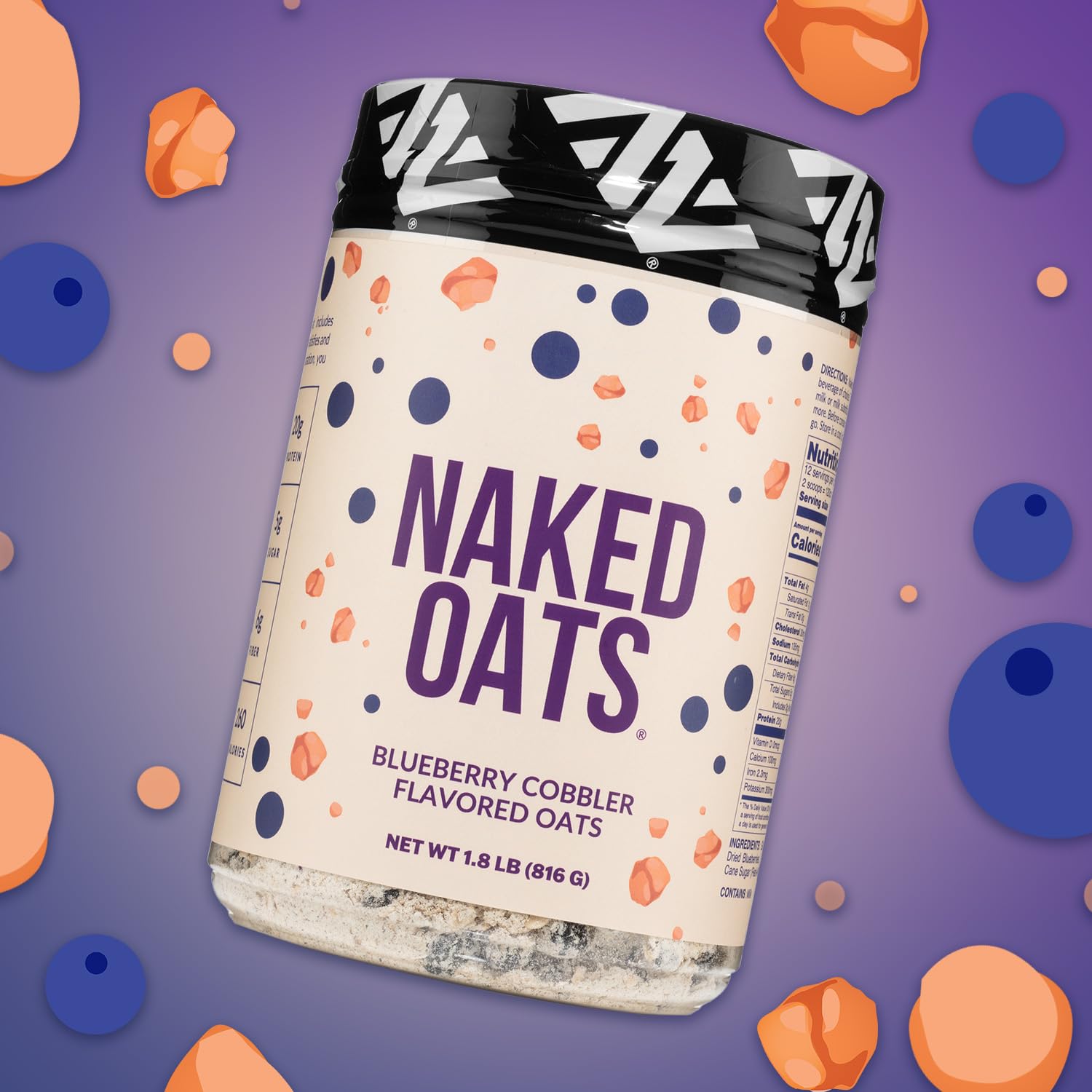 Glass of protein shake with NAKED Oats Blueberry Cobbler, smooth and satisfying.