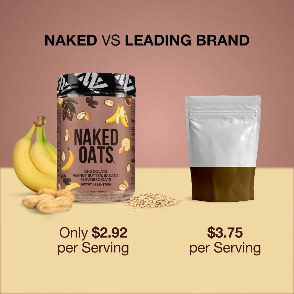 Naked Oats Chocolate PB Banana dry mix close-up showing texture and fiber