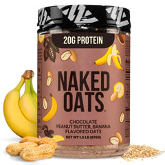 Naked Oats Chocolate PB Banana packaging showing gluten-free oats for a high-protein breakfast